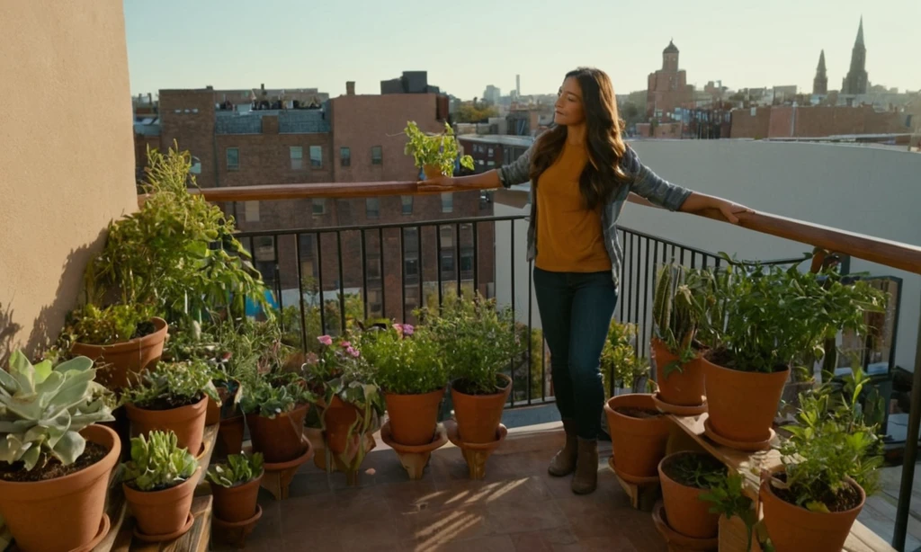 Persona de pie junto a un jardín de balcón completado con plantas