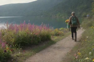 Persona sosteniendo un frasco lleno de agua y cortando flores mientras hablaba por teléfono con voz tranquila. Guía para plantar flores de jacinto en agua.