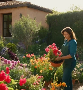 Jardinero de habla hispana que tiende a florecer en casa o en jardín rodeado de plantas florecientes.