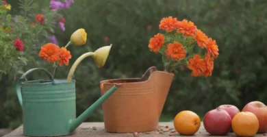 Persona sosteniendo guantes y usando guantes de jardinería mientras tiende a un jardín de flores de color brillante lleno de varias plantas y semillas de fruta. La frase en español es Cómodo sembrar semillas de nabo y crear huerto colorido.( Cómo sembrar semillas de girasol y crear un jardín colorido en inglés.)