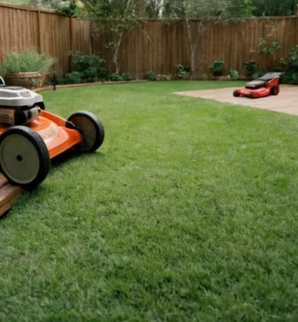 Rejilla limpiamente cortando hierba en un césped bien cuidado con herramientas almacenadas cerca de una cubierta de madera y una familia sonriente se reunieron cerca. El texto entre corchetes no es parte de la descripción sino que se añade para su comprensión. En español