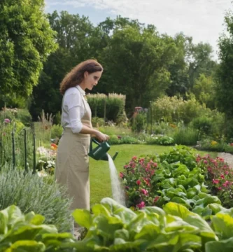 Una mujer regar plantas mientras está rodeada de un paisaje comunitario verde