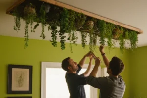 Dos personas trabajando en la construcción de un jardín vertical de suculentas y plantas suspendidas de un techo en su salón. El diseño y el atractivo estético serán enfatizados a través de este esfuerzo creativo