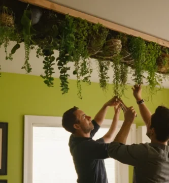 Dos personas trabajando en la construcción de un jardín vertical de suculentas y plantas suspendidas de un techo en su salón. El diseño y el atractivo estético serán enfatizados a través de este esfuerzo creativo