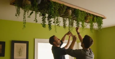 Dos personas trabajando en la construcción de un jardín vertical de suculentas y plantas suspendidas de un techo en su salón. El diseño y el atractivo estético serán enfatizados a través de este esfuerzo creativo