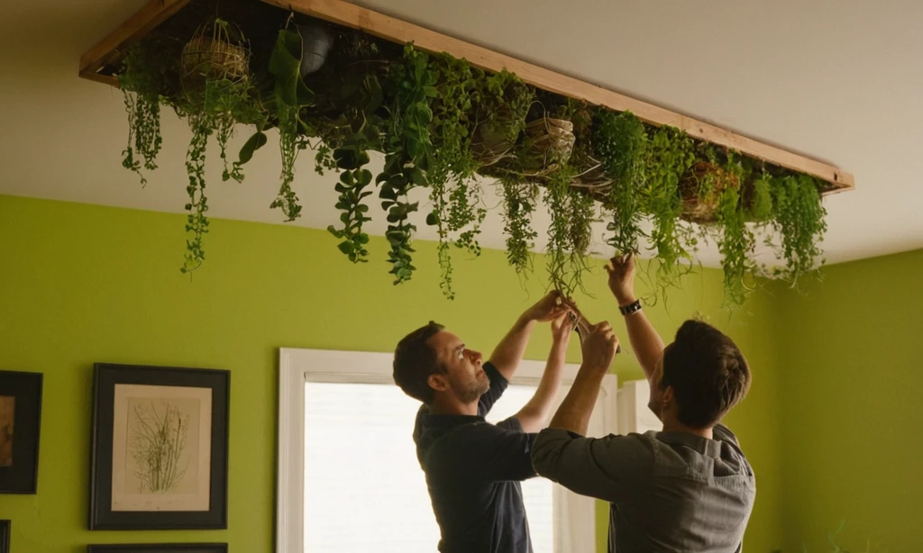 Dos personas trabajando en la construcción de un jardín vertical de suculentas y plantas suspendidas de un techo en su salón. El diseño y el atractivo estético serán enfatizados a través de este esfuerzo creativo