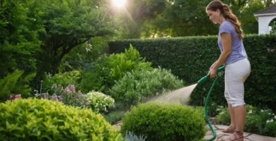 Plantas de riego de mujer con manguera mientras admira un exuberante jardín verde