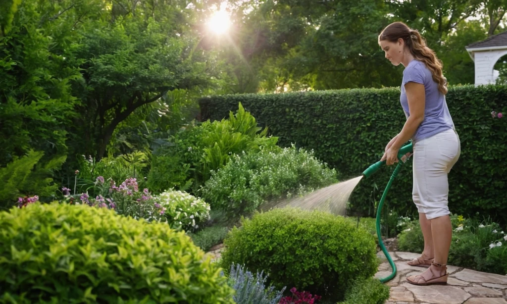 Plantas de riego de mujer con manguera mientras admira un exuberante jardín verde
