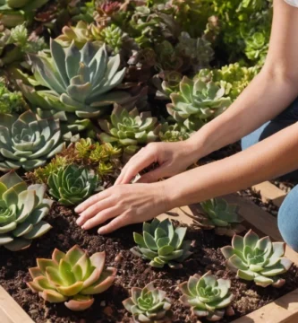 Persona arrodillada frente a una cama de jardín