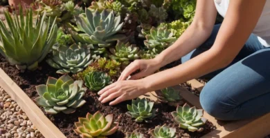 Persona arrodillada frente a una cama de jardín