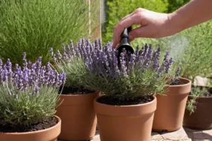 Persona de riego plantas de lavanda en macetas pequeñas en un patio para que los jardineros novicios crezcan en casa con instrucciones de cuidado. Inglés