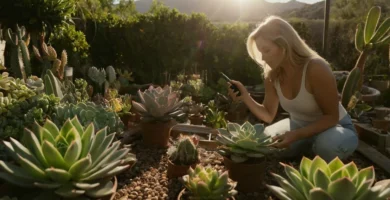 Una mujer con un jardín de luz accionado por el sol en torno a una cama de planta exterior que incluye varias plantas suculentas