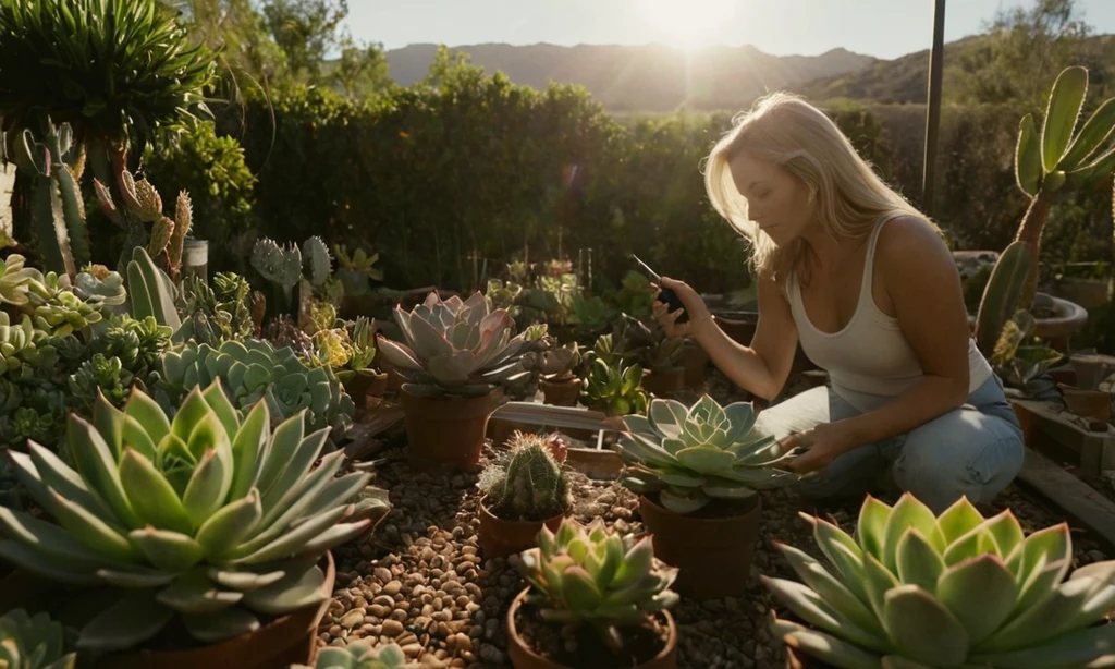 Una mujer con un jardín de luz accionado por el sol en torno a una cama de planta exterior que incluye varias plantas suculentas
