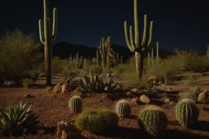 Un brillante paisaje desértico con varios tipos de cactus y plantas suculentas en primer plano