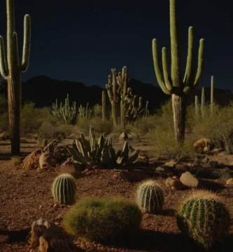 Un brillante paisaje desértico con varios tipos de cactus y plantas suculentas en primer plano
