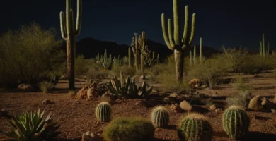 Un brillante paisaje desértico con varios tipos de cactus y plantas suculentas en primer plano