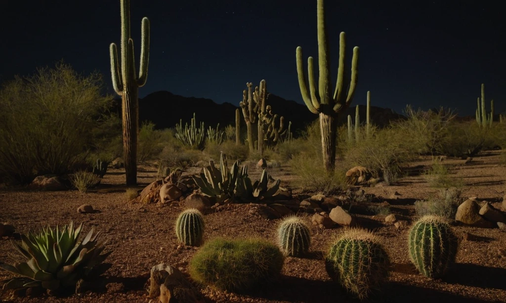 Un brillante paisaje desértico con varios tipos de cactus y plantas suculentas en primer plano