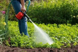 Persona rociando herbicida para controlar plantas de marihuana en su cama de jardín. En español: Para detectar y erradicar las malezas similares a la zanahoria.