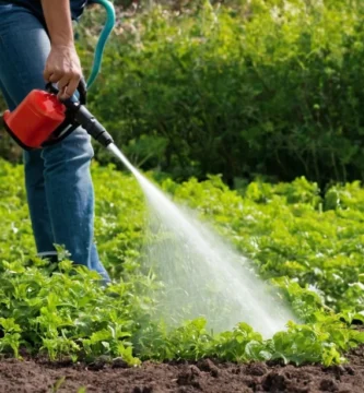 Persona rociando herbicida para controlar plantas de marihuana en su cama de jardín. En español: Para detectar y erradicar las malezas similares a la zanahoria.