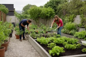 Jardineros urbanos compartiendo técnicas para la jardinería natural sostenible mientras las plantas crecen verde en medio de un entorno de hormigón.