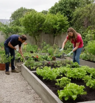 Jardineros urbanos compartiendo técnicas para la jardinería natural sostenible mientras las plantas crecen verde en medio de un entorno de hormigón.