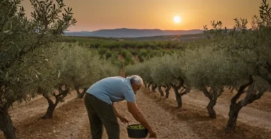 Hombre español que tiende a una plantación de aceitunas al atardecer con una luna de cosecha en el fondo. El mejor momento para plantar olivos: Una guía completa. En inglés