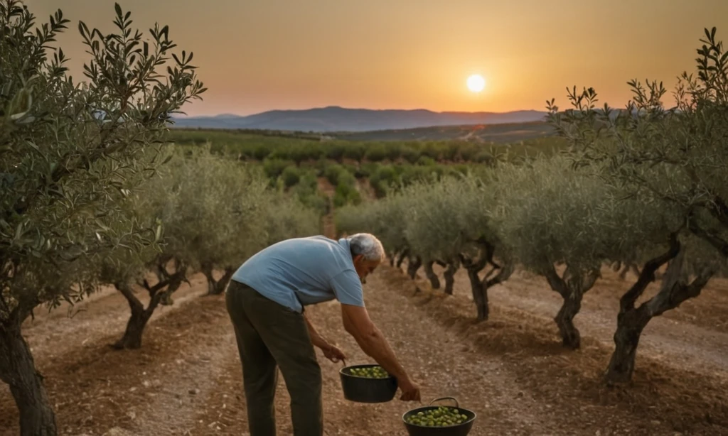 Hombre español que tiende a una plantación de aceitunas al atardecer con una luna de cosecha en el fondo. El mejor momento para plantar olivos: Una guía completa. En inglés