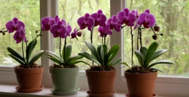 Planificar una orquídea en una mezcla de alfarería bajo una ventana sombreada con consejos para el cuidado y el riego incluidos.