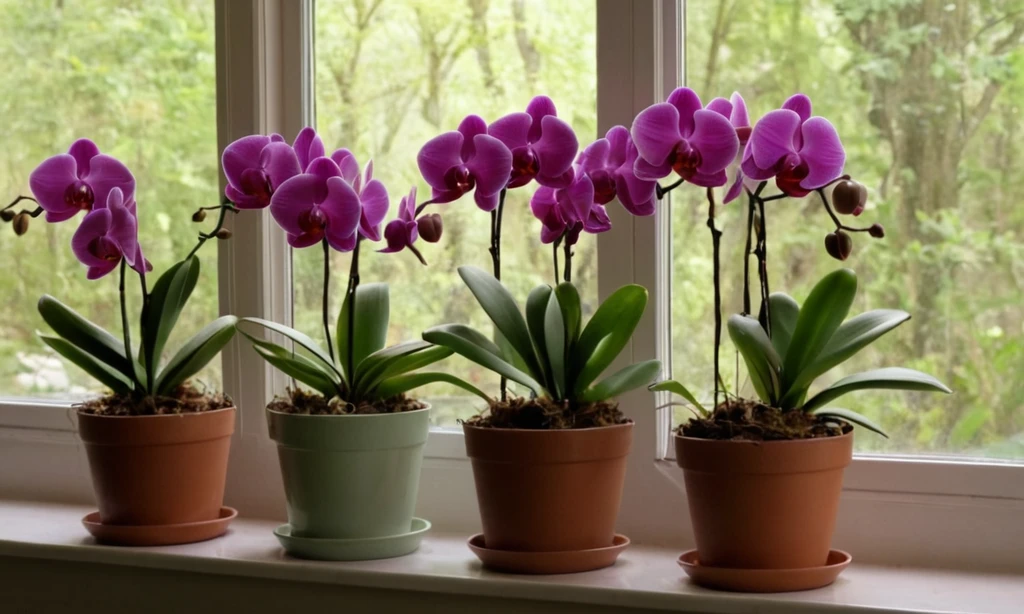 Planificar una orquídea en una mezcla de alfarería bajo una ventana sombreada con consejos para el cuidado y el riego incluidos.