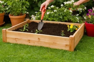 Sumergir suelo con herramientas de jardín en una cama elevada para plantar pimientos