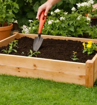 Sumergir suelo con herramientas de jardín en una cama elevada para plantar pimientos