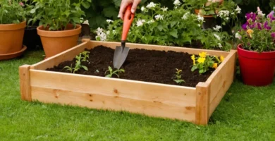 Sumergir suelo con herramientas de jardín en una cama elevada para plantar pimientos