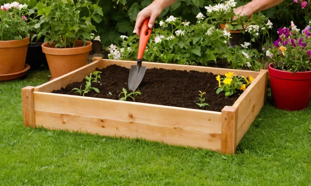 Sumergir suelo con herramientas de jardín en una cama elevada para plantar pimientos