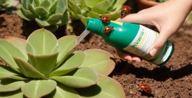 Jardín suculento siendo tratado eficazmente contra las plagas utilizando métodos orgánicos como trampas de insectos y depredadores naturales como mariquitas. La cámara podría centrarse en una botella de pulverización