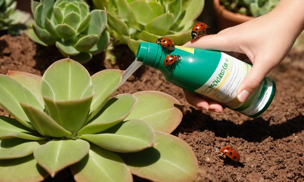 Jardín suculento siendo tratado eficazmente contra las plagas utilizando métodos orgánicos como trampas de insectos y depredadores naturales como mariquitas. La cámara podría centrarse en una botella de pulverización