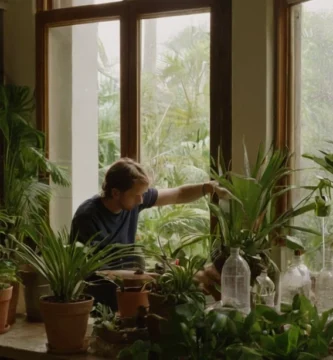 Persona de riego de plantas de coco con botellas de agua en sus ventanales en medio de un jardín interior lleno de varias plantas