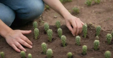 Familia sosteniendo una bandera adornada con la frase Plantando Las Espinas De Cristo delante de un jardín lleno de plantas del título del libro. El subtítulo en la pancarta lee