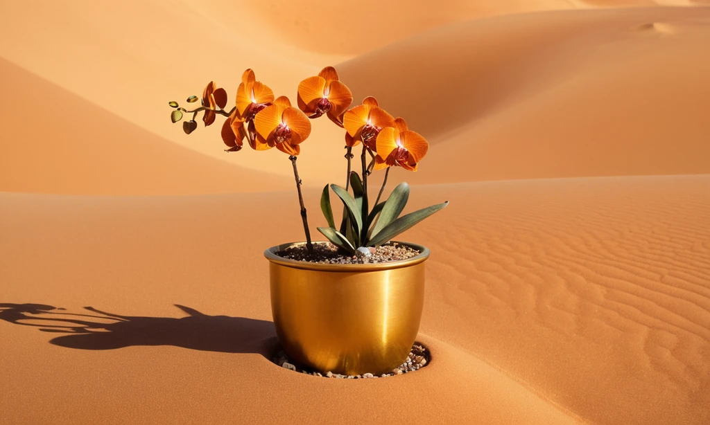 Planta de flores de color naranja solar llamada Orquídea en olla dorada por las dunas del desierto de Marte con un astronauta a su lado. Nota: Lo inventé con fines de ilustración y esto no será representativo de ninguna planta de vida real.