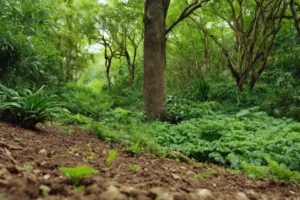 Verde vegetación frondosa creciendo en un exuberante paisaje natural en medio de varios árboles con diferentes variedades de hojas escogidas como guía para seleccionar el suelo ecológico adecuado para plantas específicas.