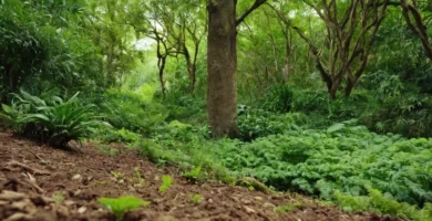 Verde vegetación frondosa creciendo en un exuberante paisaje natural en medio de varios árboles con diferentes variedades de hojas escogidas como guía para seleccionar el suelo ecológico adecuado para plantas específicas.