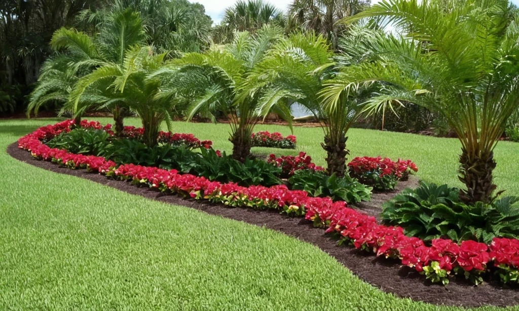 Palmeras enanas plantadas en una cama de jardín adornada con atractivas hojas en forma de corazón. Este entorno idílico es probable en la soleada Florida