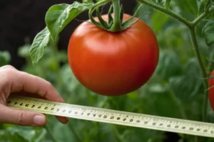 Persona midiendo una planta de tomate con una regla. El título se traduce en ¿Qué plantas pertenecen a la familia Solanaceae? en inglés.