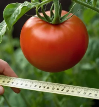 Persona midiendo una planta de tomate con una regla. El título se traduce en ¿Qué plantas pertenecen a la familia Solanaceae? en inglés.