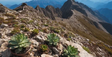 Plantas suculentas creciendo en la cima de la montaña a una altitud de 1.000 metros con la guía para su cuidado y mantenimiento.