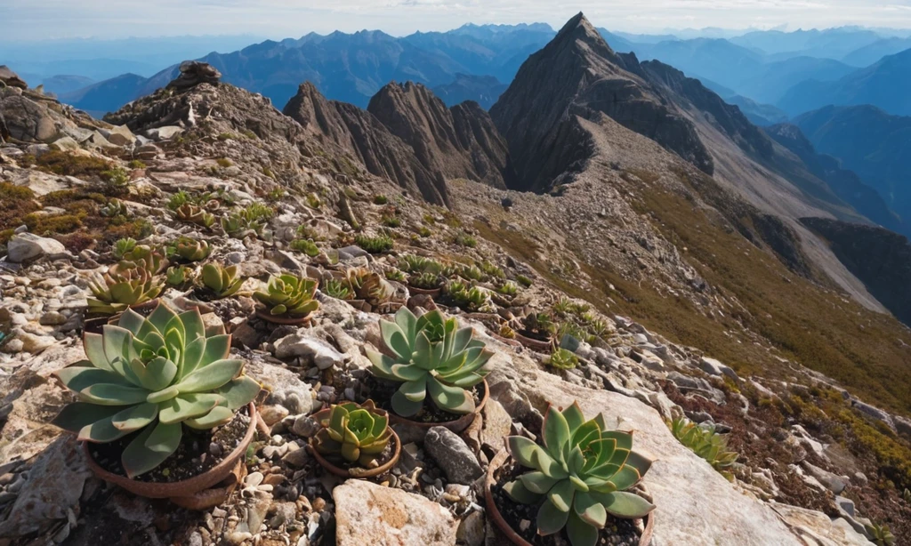 Plantas suculentas creciendo en la cima de la montaña a una altitud de 1.000 metros con la guía para su cuidado y mantenimiento.