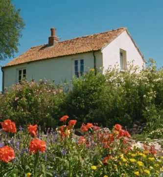 Flores que florecen contra un cielo azul brillante cerca de una casa donde la franja en la brisa para su oasis de jardín. Nota: Esto está destinado a ser metafórico y basado en imágenes que uno puede encontrar en la literatura inglesa