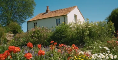 Flores que florecen contra un cielo azul brillante cerca de una casa donde la franja en la brisa para su oasis de jardín. Nota: Esto está destinado a ser metafórico y basado en imágenes que uno puede encontrar en la literatura inglesa