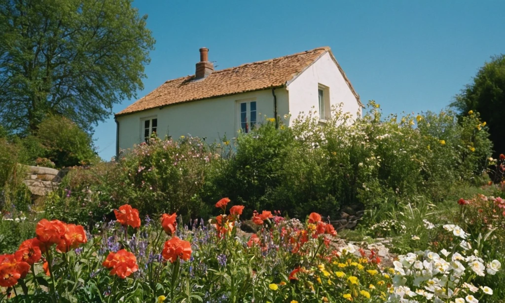 Flores que florecen contra un cielo azul brillante cerca de una casa donde la franja en la brisa para su oasis de jardín. Nota: Esto está destinado a ser metafórico y basado en imágenes que uno puede encontrar en la literatura inglesa