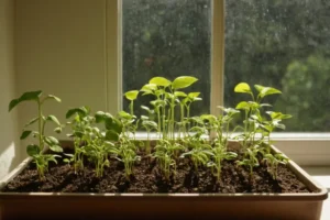 Plantar semillas en interiores para plantas fáciles de crecer en su espacio habitable sin ventanas. Un concepto de jardinería que muestra técnicas de crecimiento y cuidado de plantas dentro del entorno interior limitado sin ventanas.