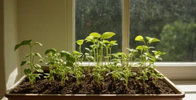 Plantar semillas en interiores para plantas fáciles de crecer en su espacio habitable sin ventanas. Un concepto de jardinería que muestra técnicas de crecimiento y cuidado de plantas dentro del entorno interior limitado sin ventanas.